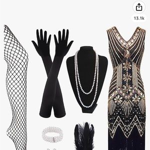 FEPITO 1920s V Neck Sequin Beaded Fringed Dress with 20s Accessories Set xl